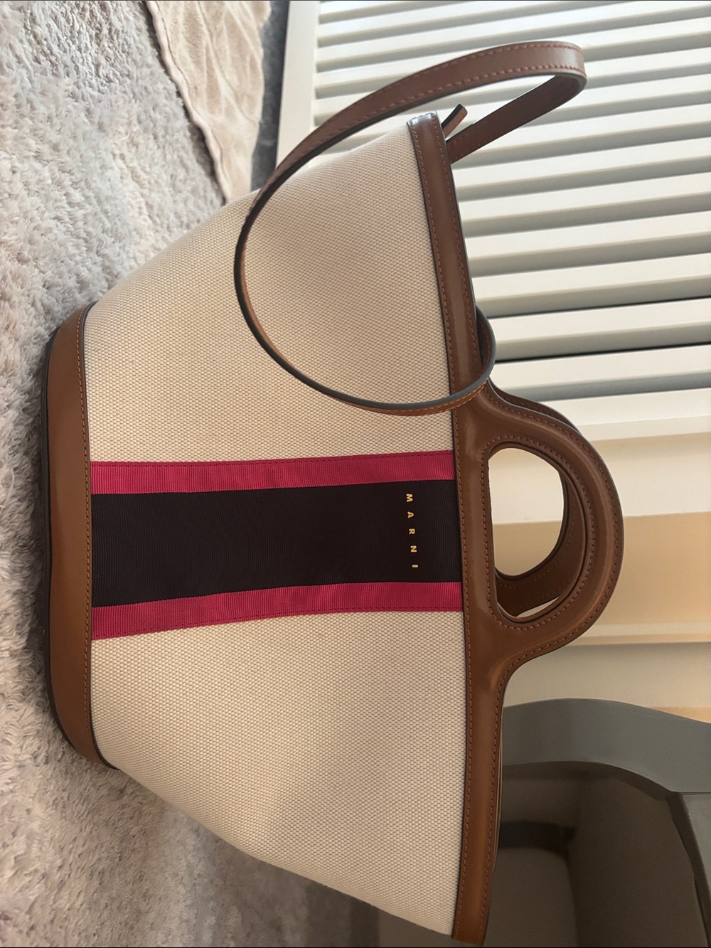 Marni Cream Canvas Tote with Brown Leather Trim and Pink-Black Center Stripe - Picture 3 of 6